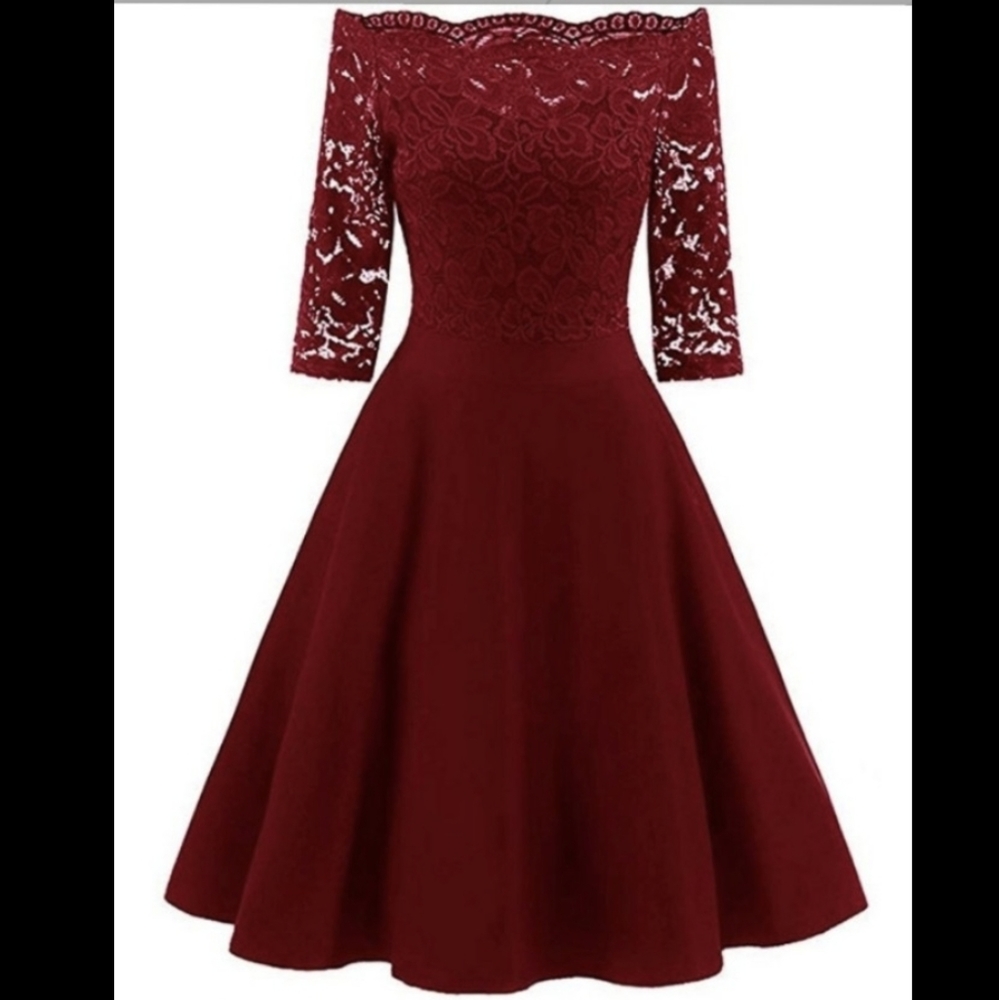 Vintage Off Shoulder Lace Boat Neck Dress